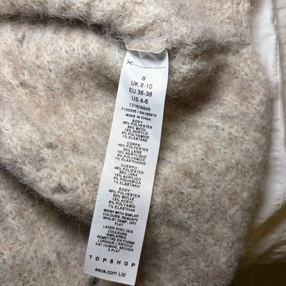 Topshop Sweater Vest Women S Taupe Mock Neck Wool Blend Ribbed‎ Knit Pointelle - Picture 4 of 4